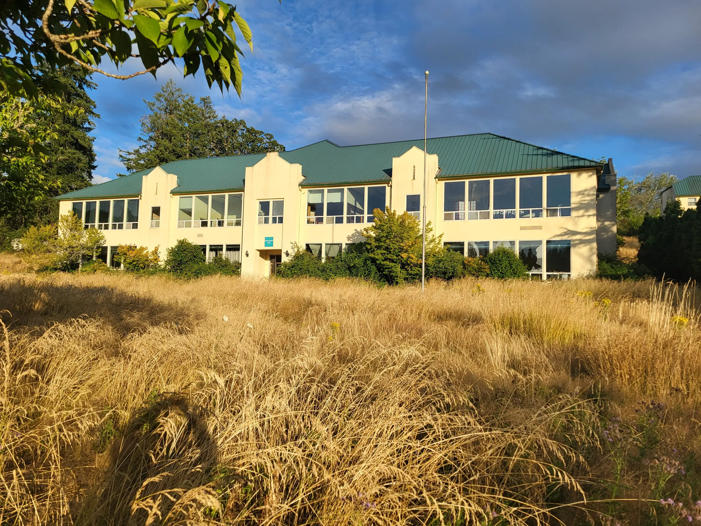 Current view of a vacant campus building surrounded by tall summer grass
