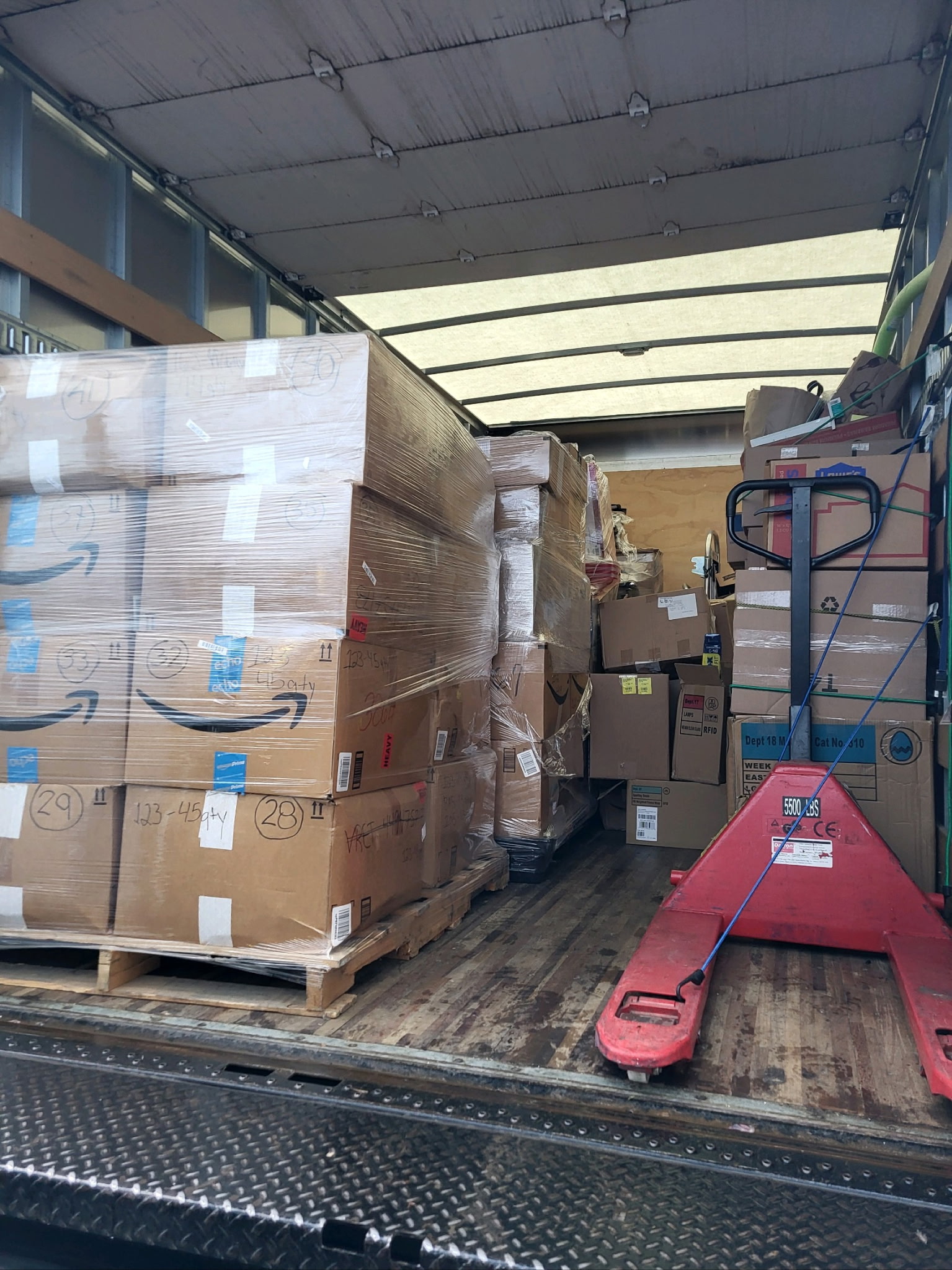 A truck loaded with pallets of donated supplies ready for community distribution